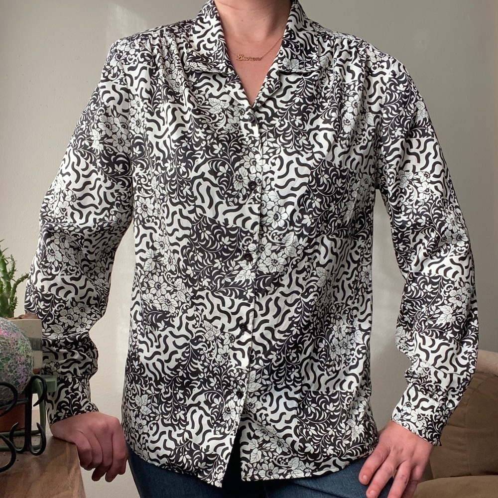 80s Black & White Floral Abstract Shirt VINTAGE